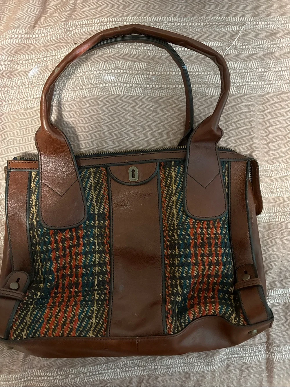 Fossil Brown Leather Shoulder Bag with Multicolor Woven Panels